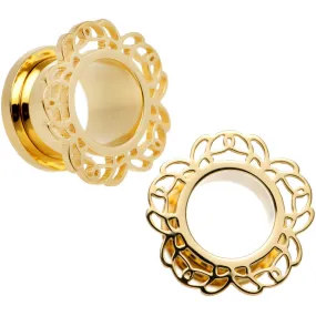 1/2 Gold PVD Filigree Flower Screw Fit Tunnel Plug Set