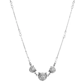 1928 Jewelry&reg; Silver Tone Triple Cat Faux Pearl Chain Necklace 16" Adj.