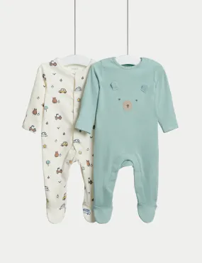 2pk Cotton Rich Bear Sleepsuits