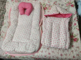 Baby Mattress with Mosquito Net & Sleeping Bag Combo, White & Pink Heart