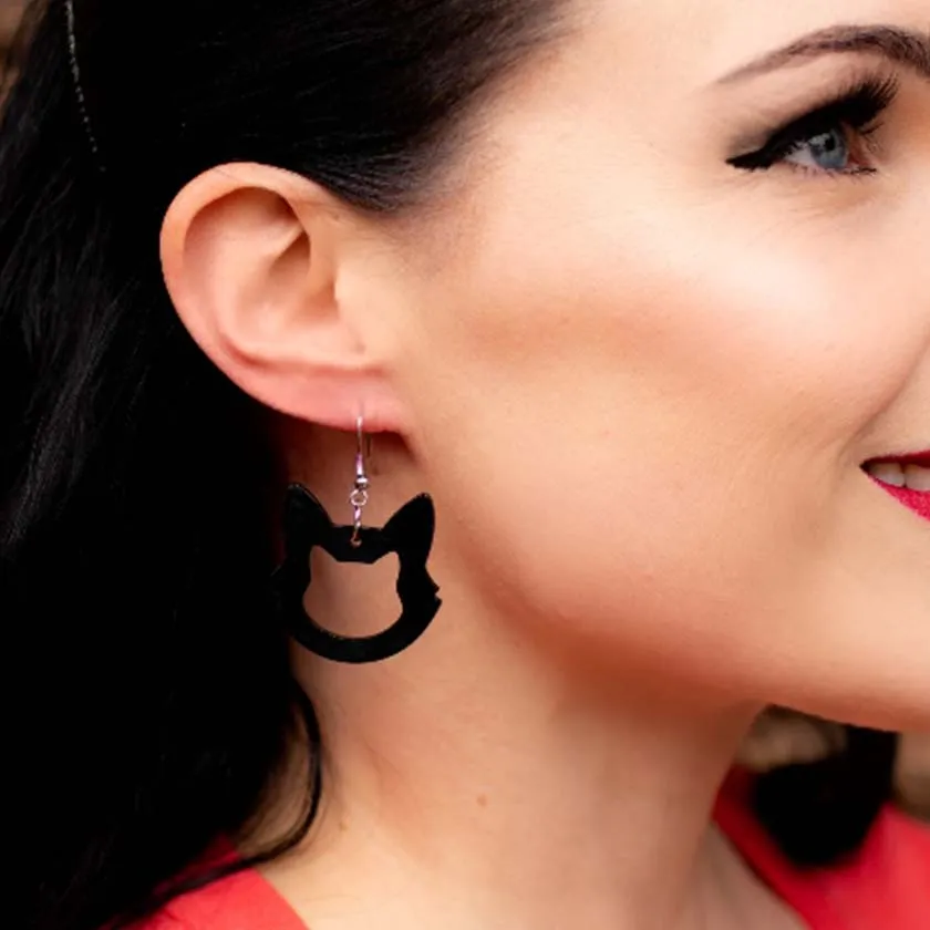 Cat Head Solid Resin Drop Earrings - Black