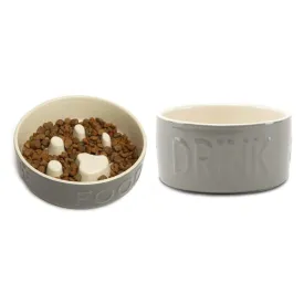 Classic 2 Piece Dog Slow Feeder & Water Bowl Set - Grey