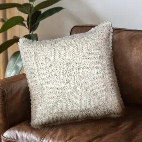 Crochet Cotton Square Cushion Cover With A Floret Pattern In White | Set Of 1/2/4 | 16" x 16" | Handmade In India