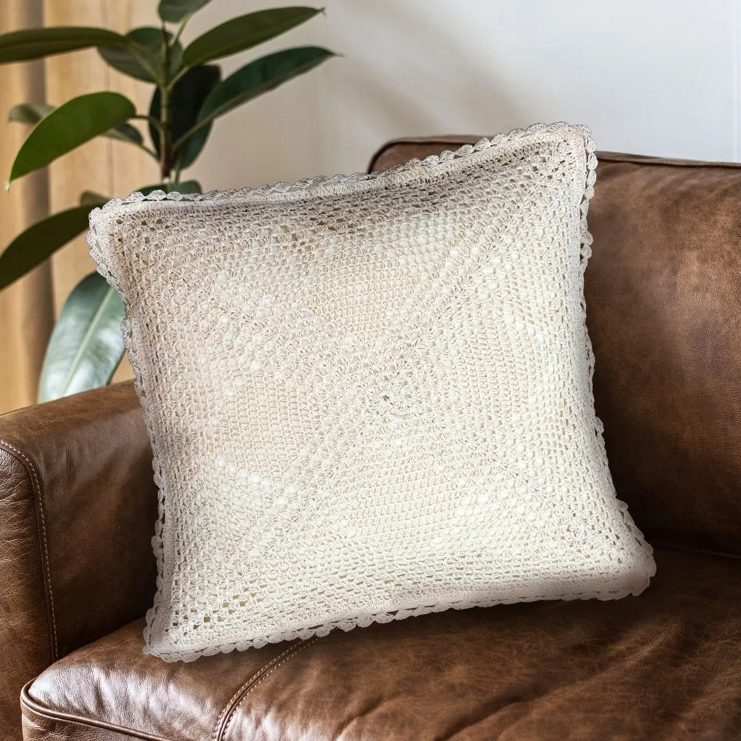 Crochet Cotton Square Cushion Cover With A Geometric Pattern In White | Set Of 1/2/4 | 16" x 16" | Handmade In India